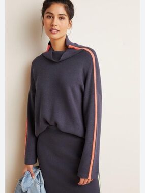 ANTHROPOLOGIE Carys Mock Neck Sweater Racer Striped Sleeve Blue Gray Orange Knit